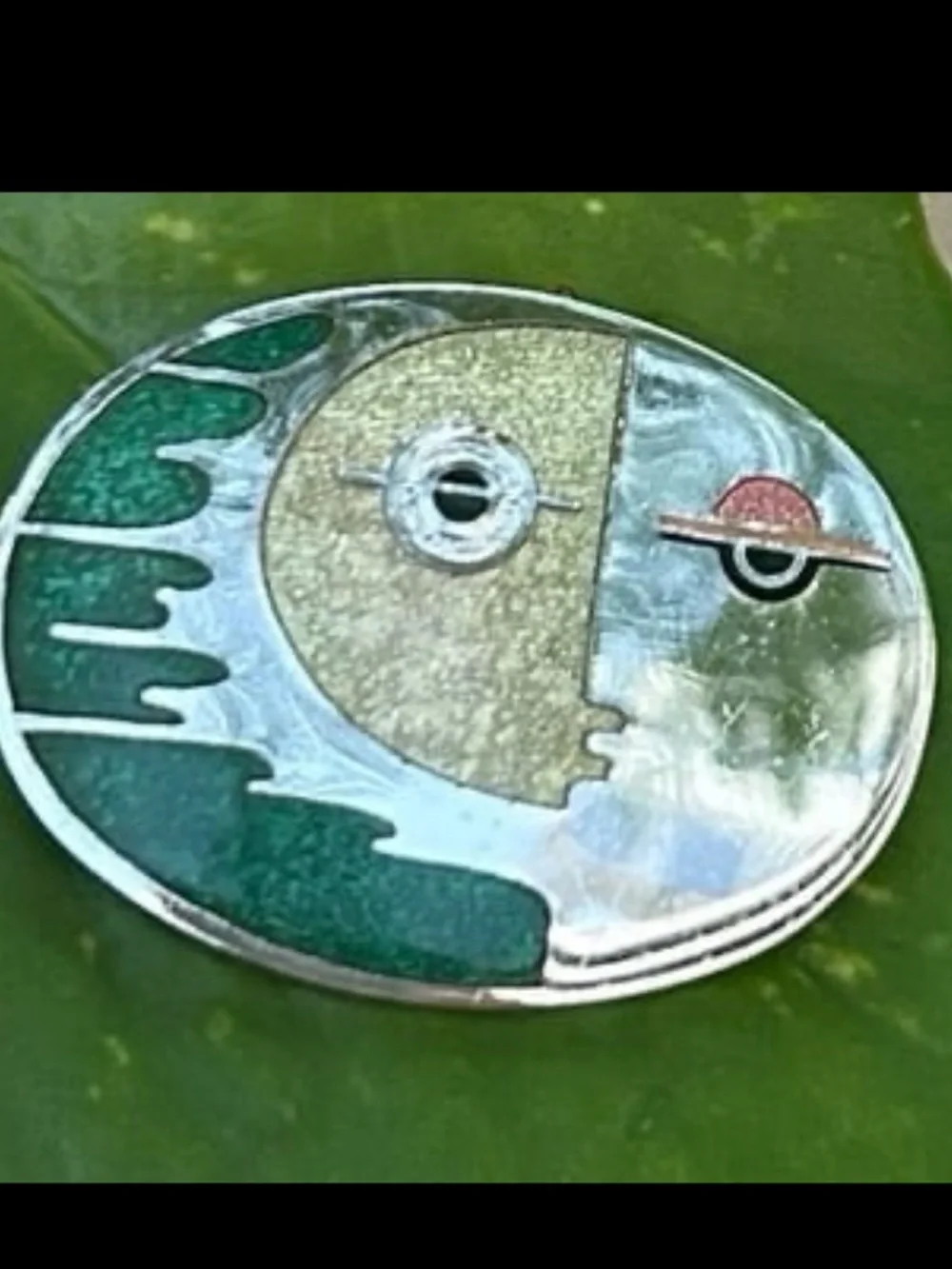 Vintage artisan De Passille & Sylvestre enameled face silver tone brooch pin